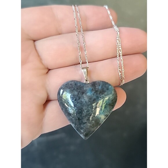 925 Sterling Silver Blue Jasper Heart Pendant Necklace Vintage - Picture 3 of 10
